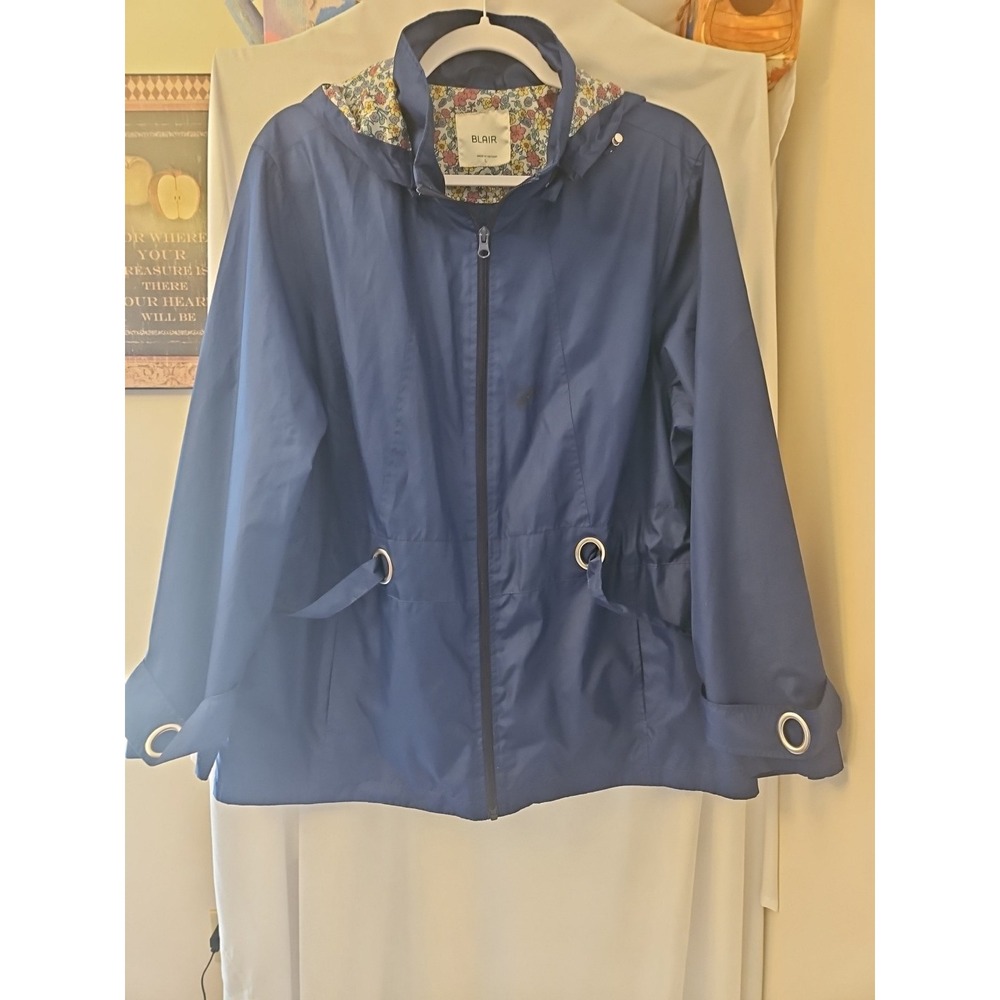 BLAIR Blue Floral Hooded Rain‎ Jacket Windbreaker Sz L Pockets